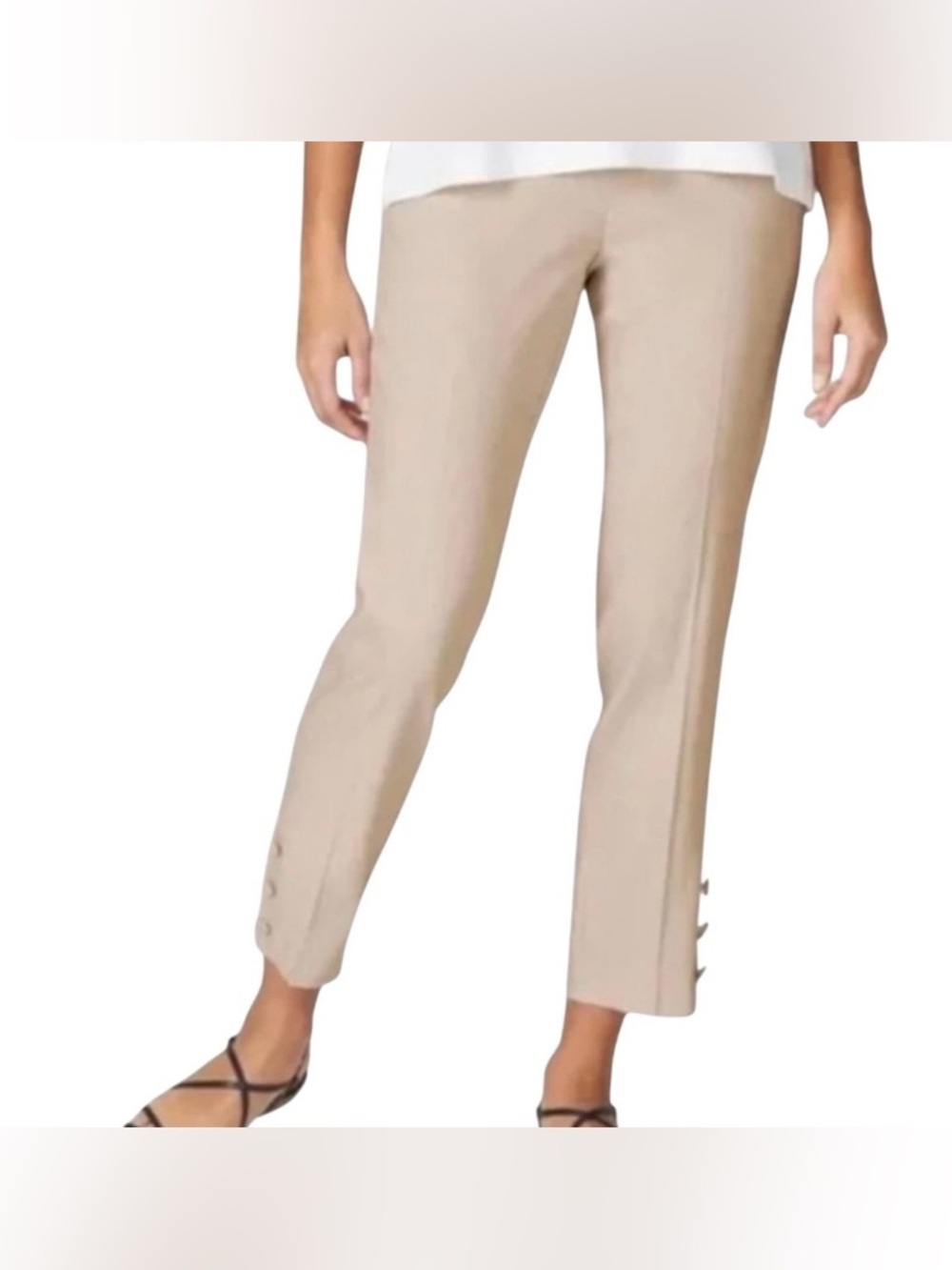 J. Jill Linen Stretch Cropped Straight Leg Pants Button Hem Small Tan Ankle